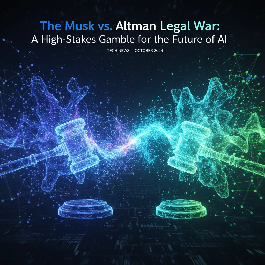 Editorial illustration for: The Musk vs. Altman Legal War: A High-Stakes Gamble for the Future of AI